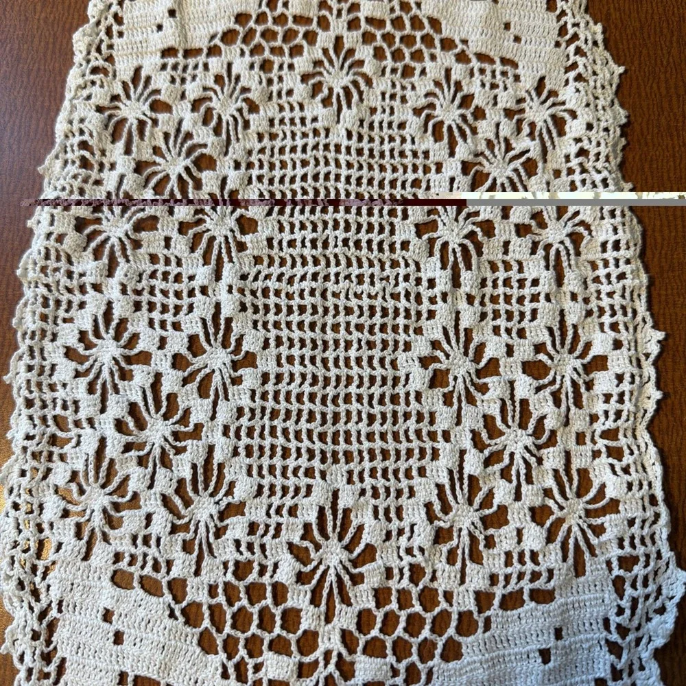 Vtg Hand Made Crochet Ecru Ivory Small Table Runner 19